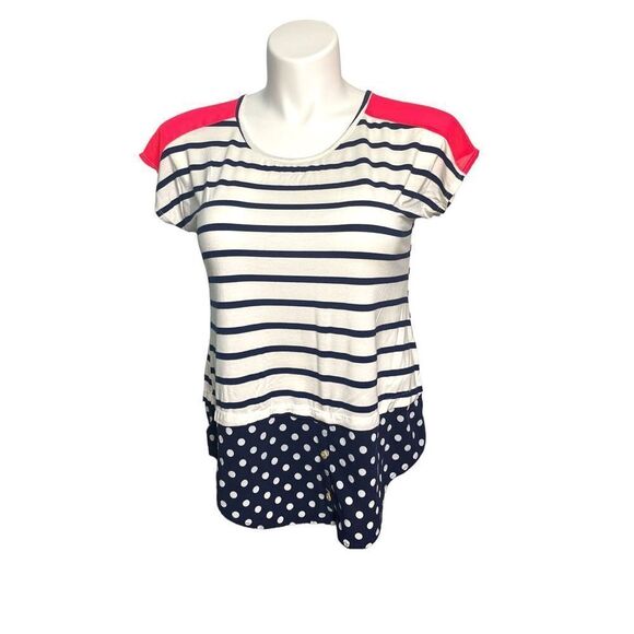 A.gain | MIXED MEDIA SHORT SLEEVE T-SHIRT STRIPED‎ NEON ACCENTS POLKA DOTS M - Picture 1 of 8